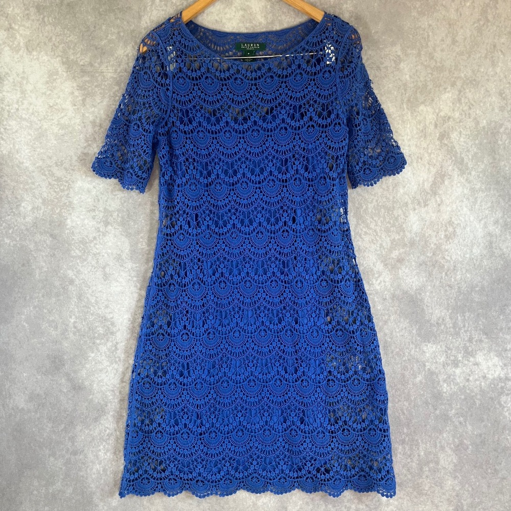 Lauren Ralph Lauren Crochet Lace Dress Womens Medium Blue Sheath Short Sleeve